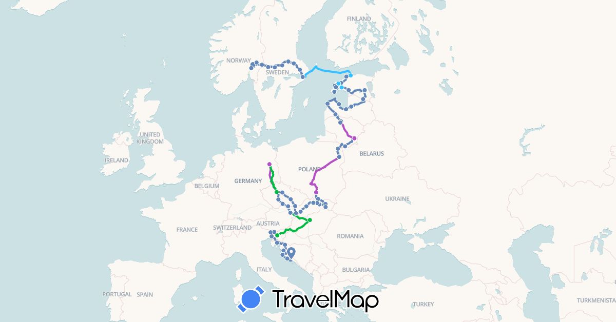 TravelMap itinerary: driving, bus, cycling, train, boat in Austria, Czech Republic, Germany, Estonia, Croatia, Hungary, Lithuania, Latvia, Norway, Poland, Sweden, Slovenia, Slovakia (Europe)